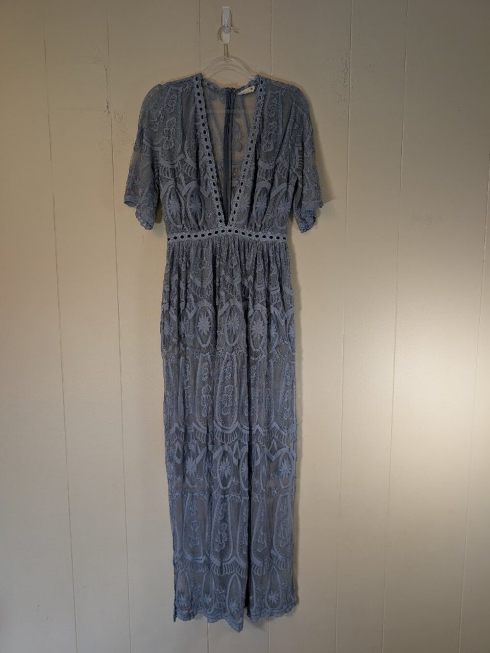 PROMESA Marionette Lace Romper Maxi Dress Blue Deep V Side Slit Romantic
